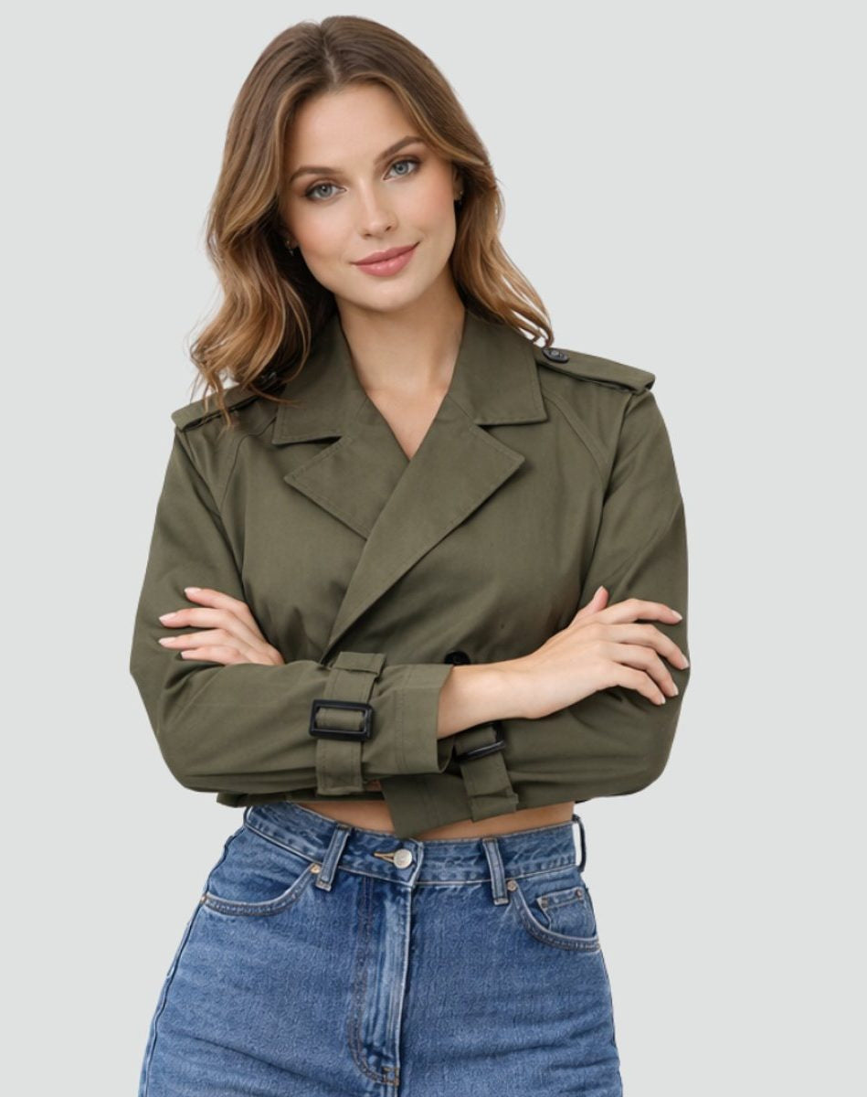 Cropped Trench Jacket with Wide Buckled Belt - Army Green