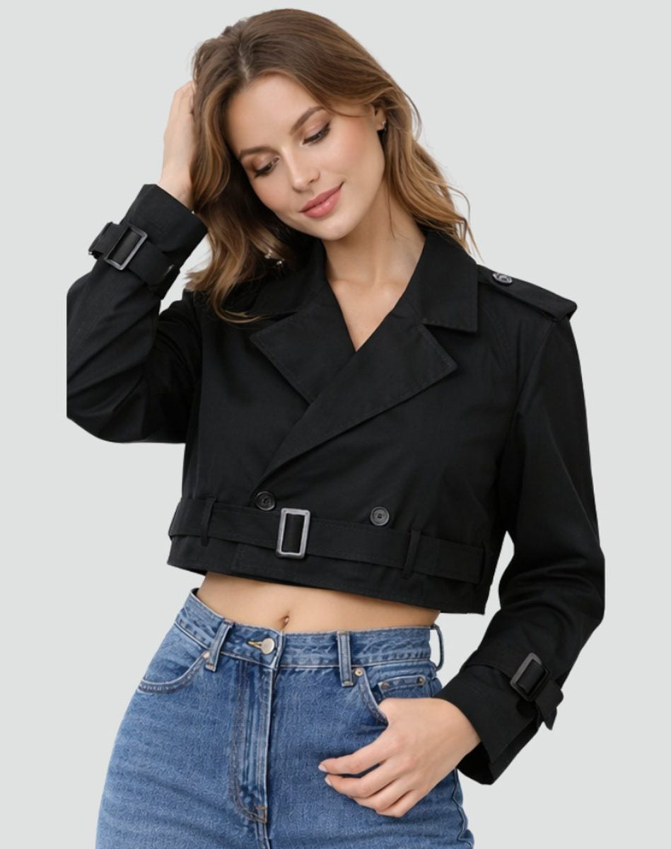 Cropped Trench Jacket with Wide Buckled Belt - Black