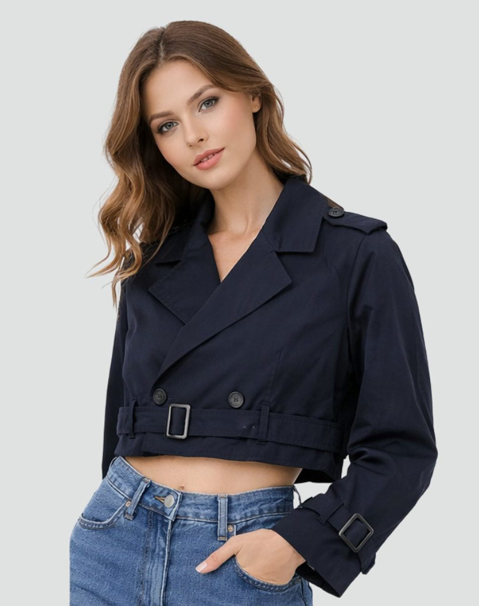 Cropped Trench Jacket with Wide Buckled Belt - Navy Blue