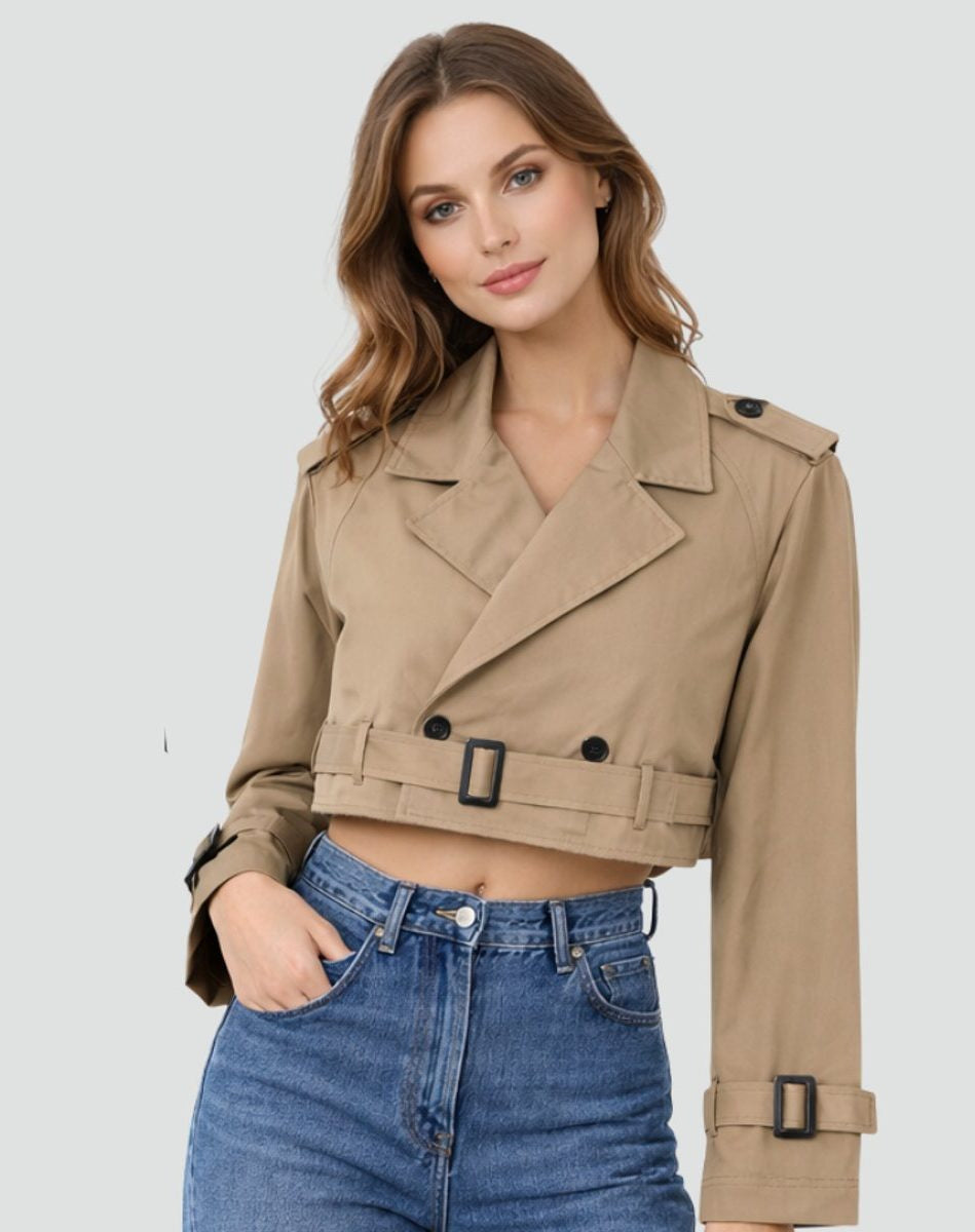 Cropped Trench Jacket with Wide Buckled Belt - Khaki