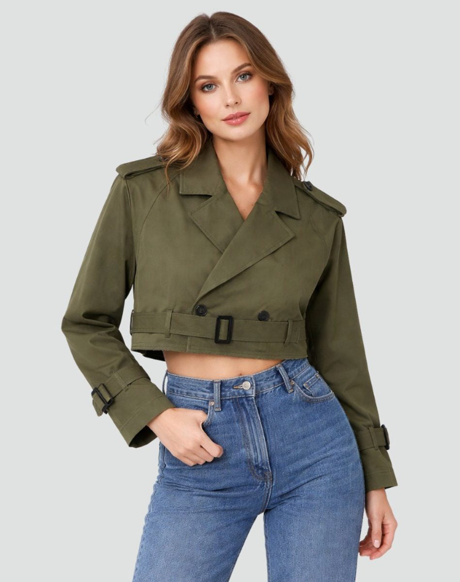 Cropped Trench Jacket with Wide Buckled Belt - Army Green