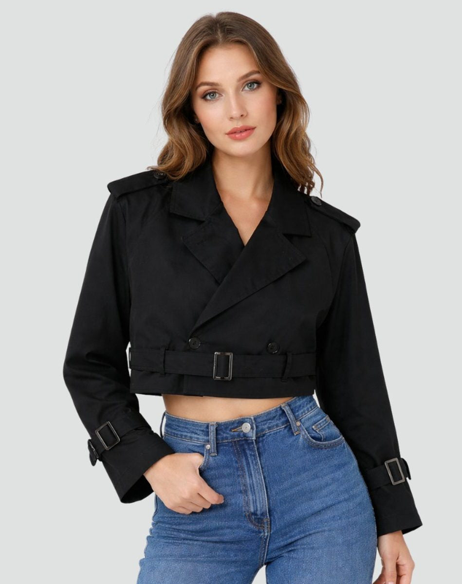Cropped Trench Jacket with Wide Buckled Belt - Black