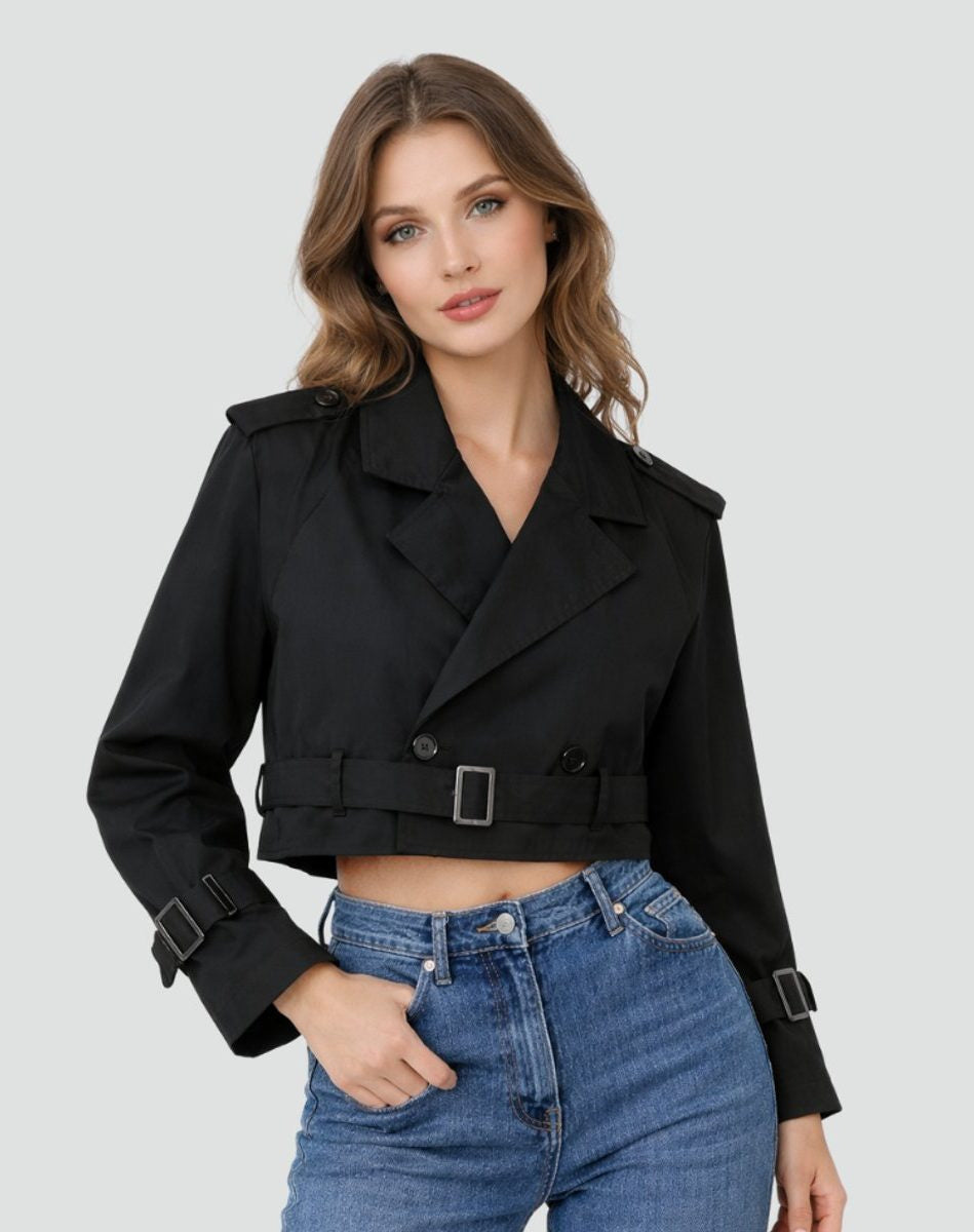 Cropped Trench Jacket with Wide Buckled Belt - Black
