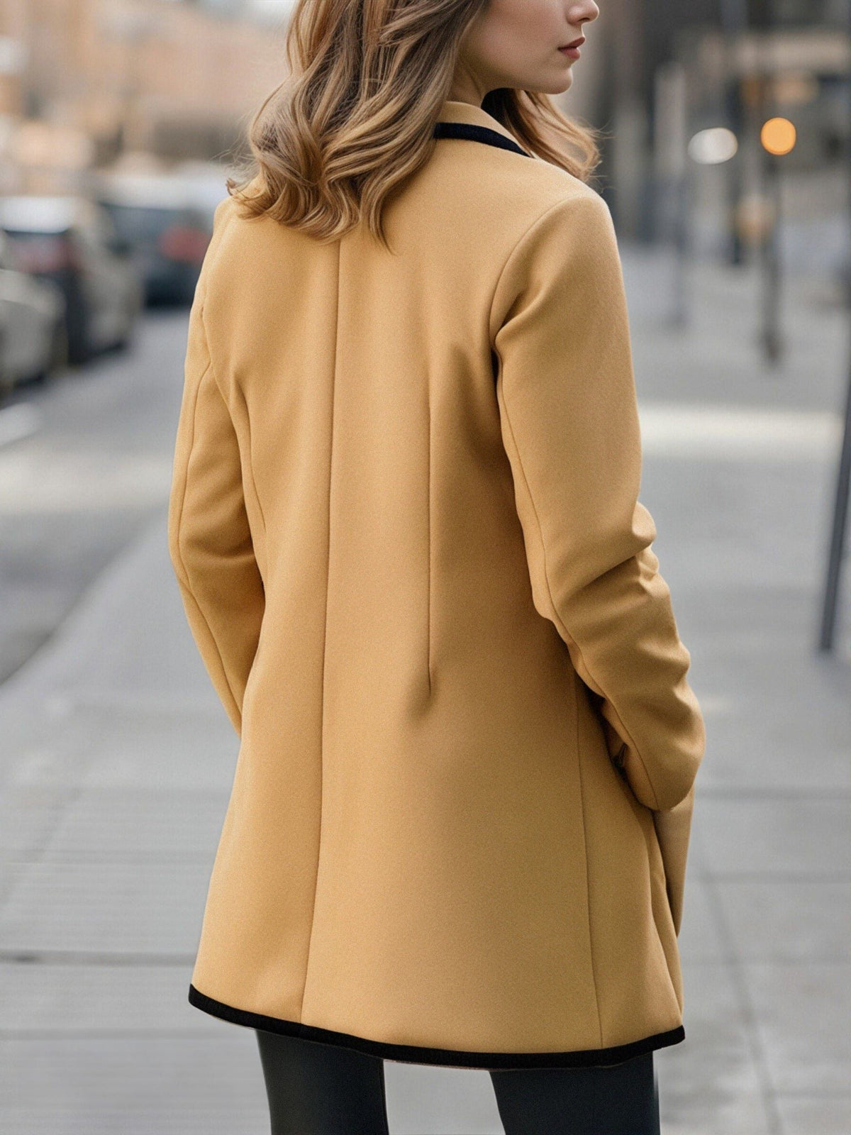 Double-Breasted Coat with Contrast Piping - Camel
