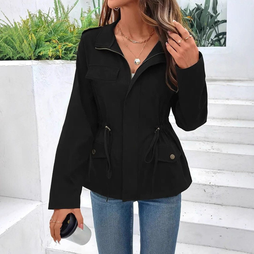 Drawstring-Waist Utility Rain Jacket - Black