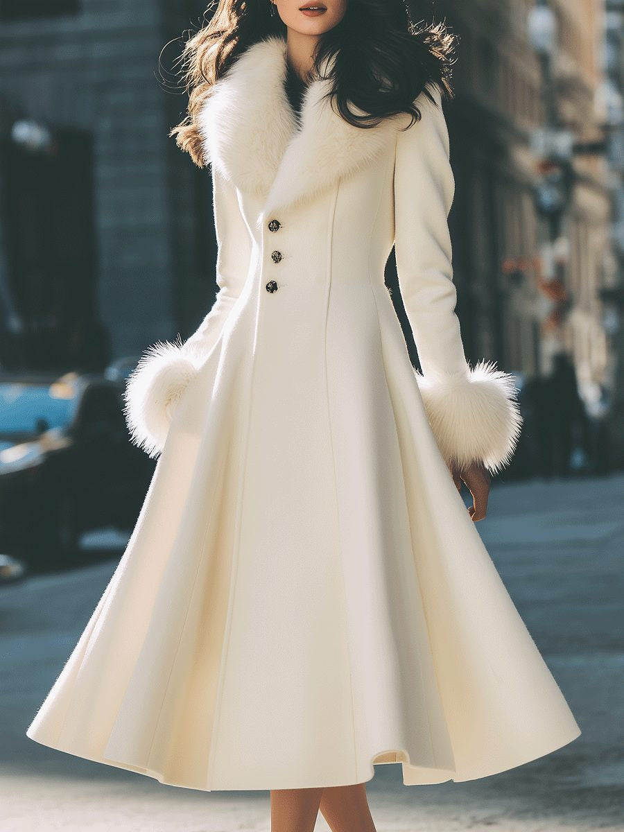 Flared A-Line Coat with Faux Fur Collar and Cuffs - Ivory