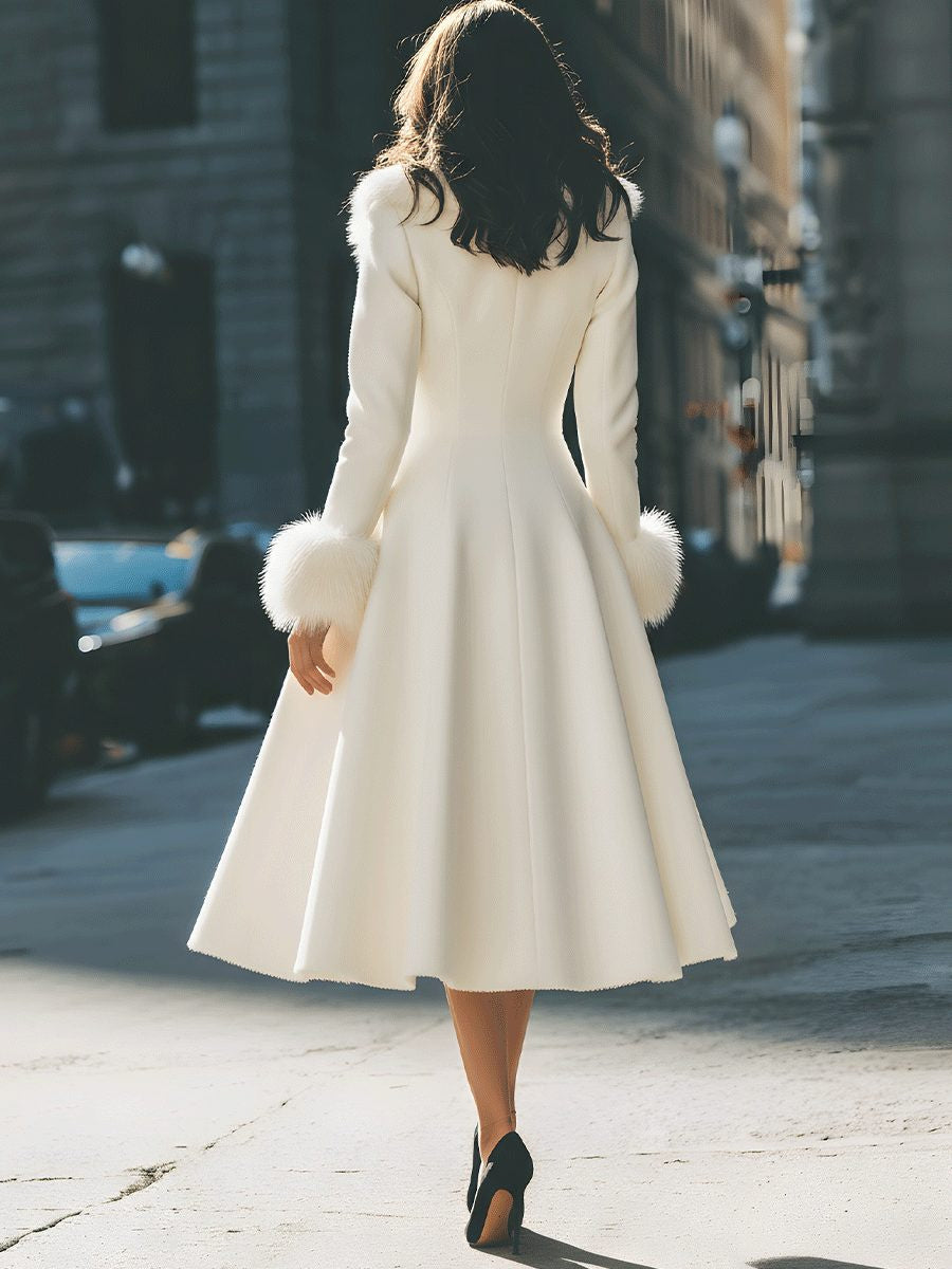 Flared A-Line Coat with Faux Fur Collar and Cuffs - Ivory