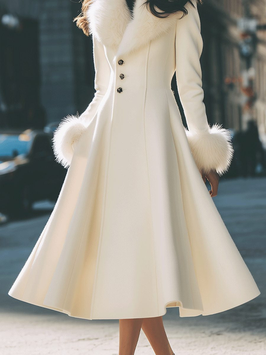 Flared A-Line Coat with Faux Fur Collar and Cuffs - Ivory