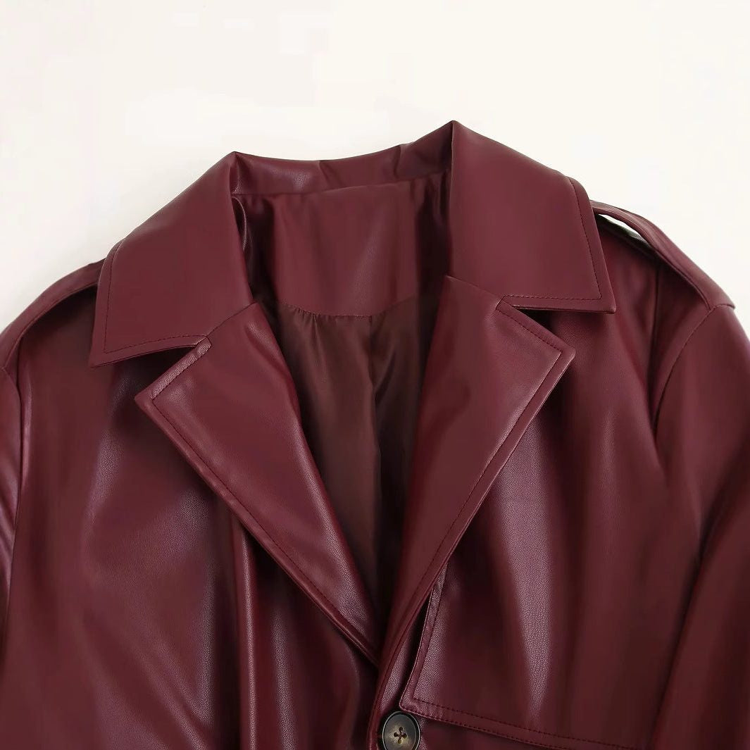 Leather-Look Trench Coat with Belt and Cuff Tabs - Wine
