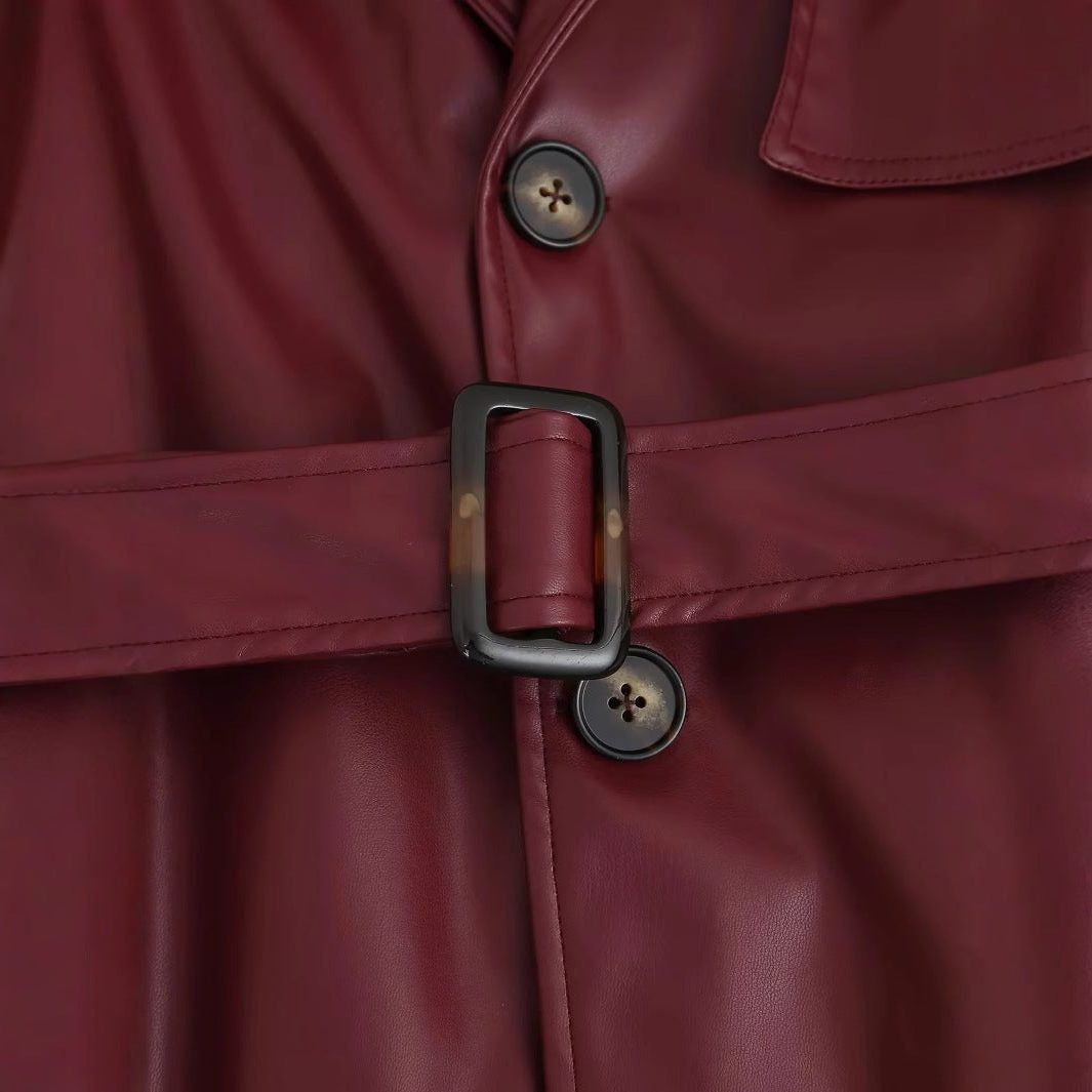 Leather-Look Trench Coat with Belt and Cuff Tabs - Wine