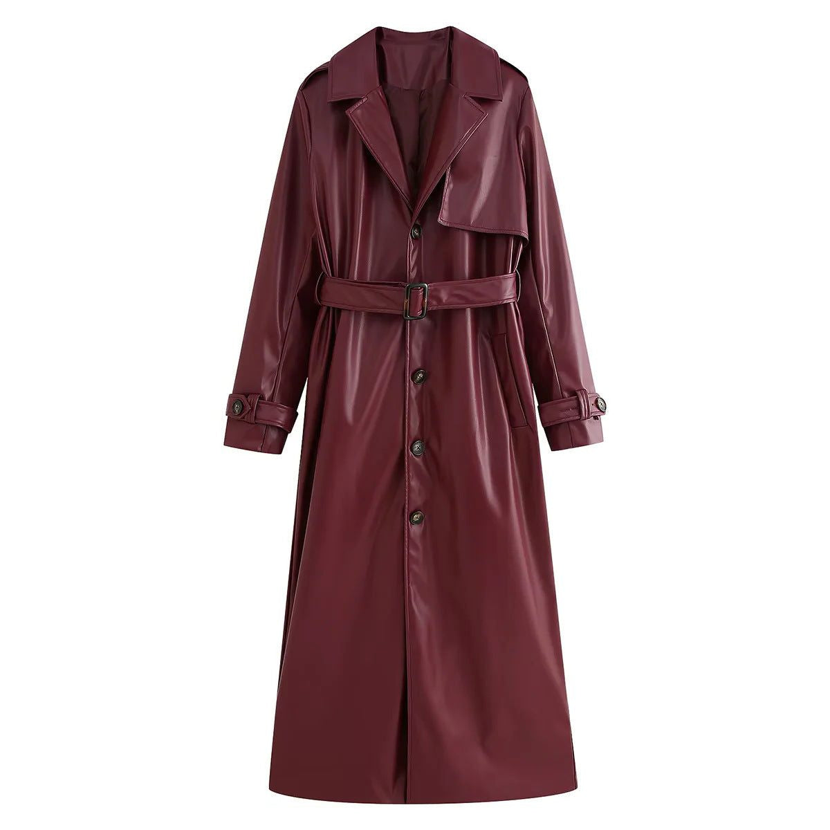 Leather-Look Trench Coat with Belt and Cuff Tabs - Wine