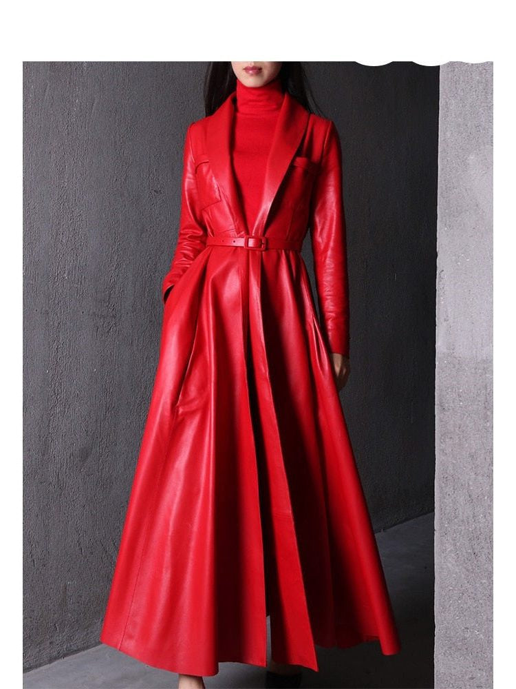 Glossy Double-Breasted Trench Coat with Tie Belt - Red
