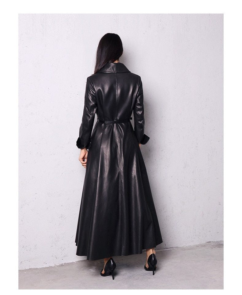 Glossy Double-Breasted Trench Coat with Tie Belt - Black
