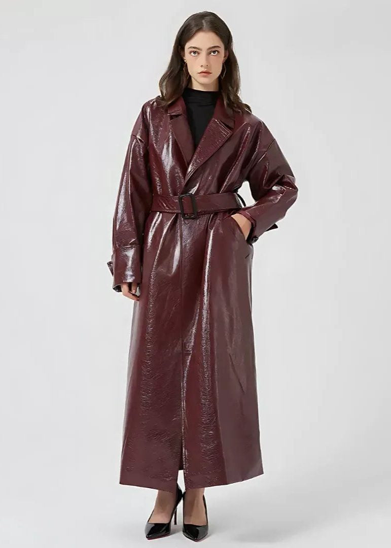Belted Leather-Look Longline Trench Coat - Brown