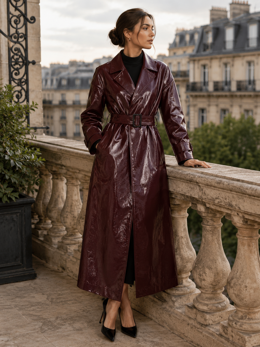 Belted Leather-Look Longline Trench Coat - Brown
