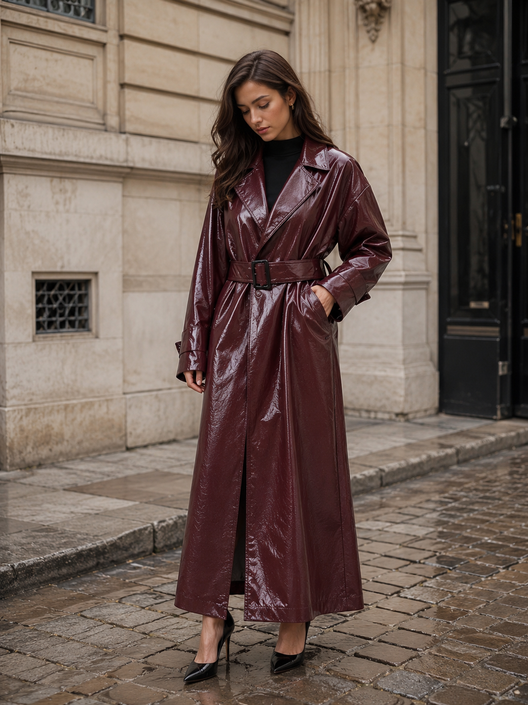 Belted Leather-Look Longline Trench Coat - Brown