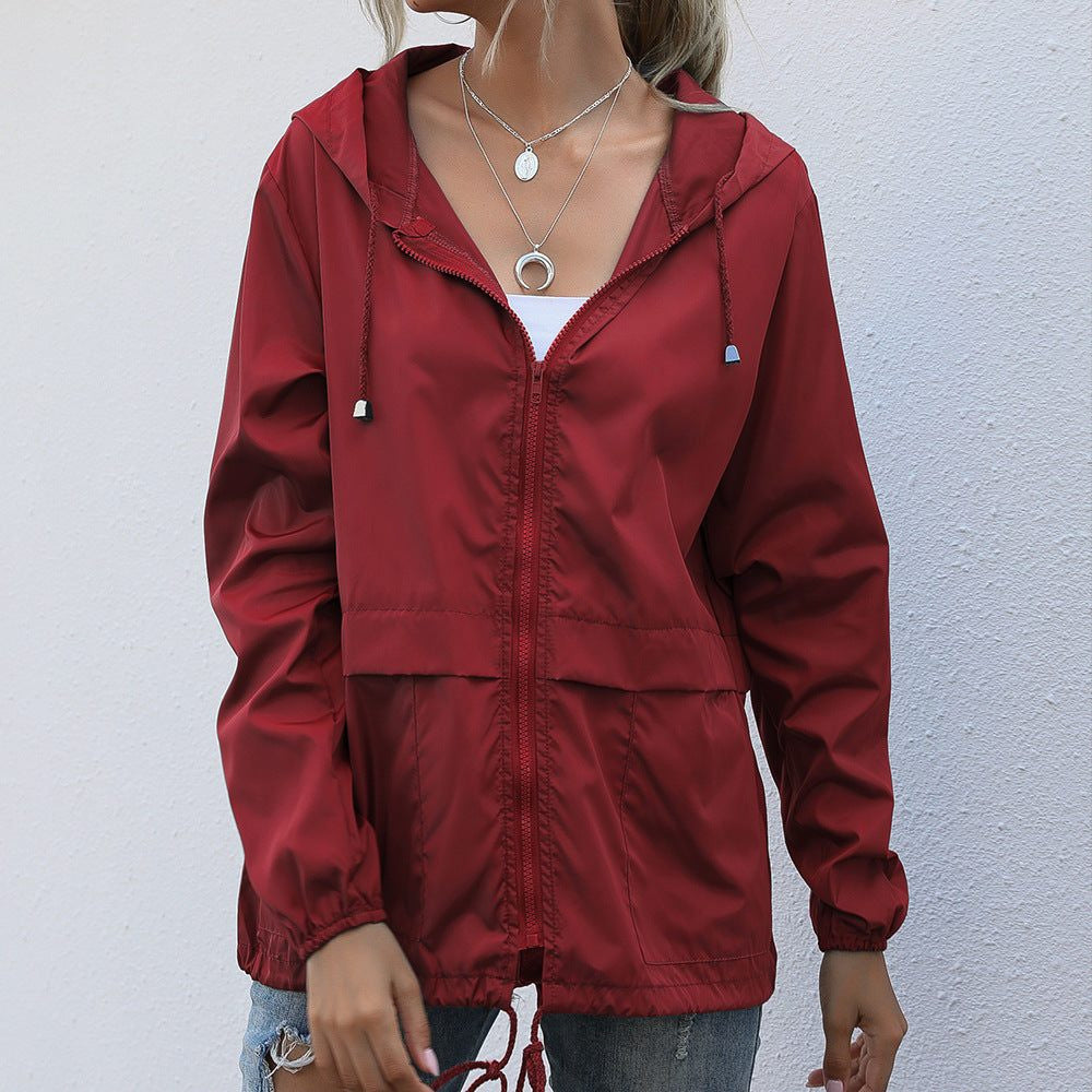 Hooded Rain Jacket with Waist Drawcord - Burgundy