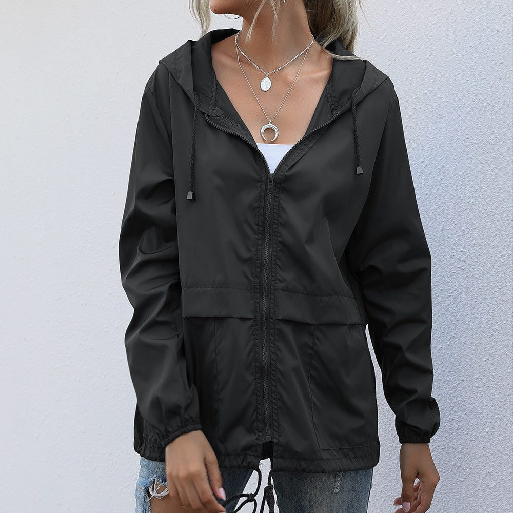 Hooded Rain Jacket with Waist Drawcord - Black