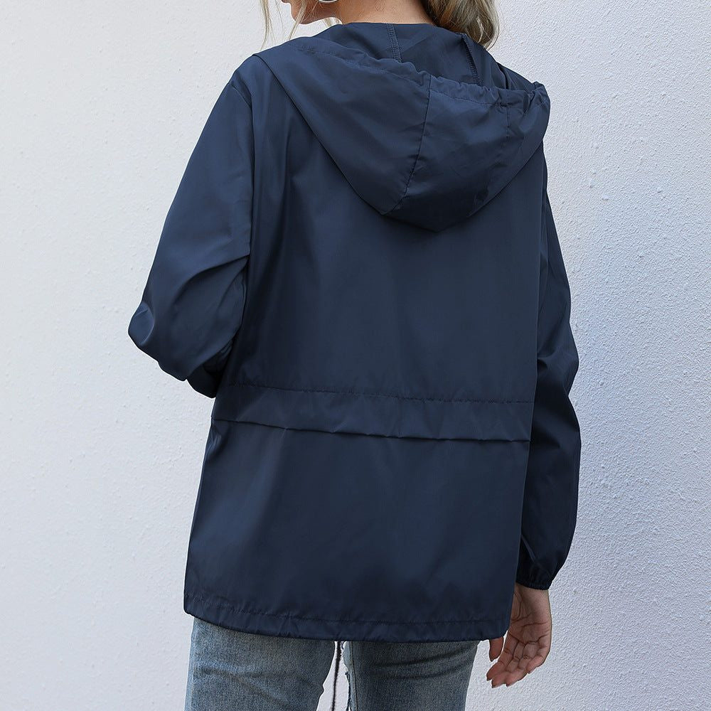 Hooded Rain Jacket with Waist Drawcord - Navy