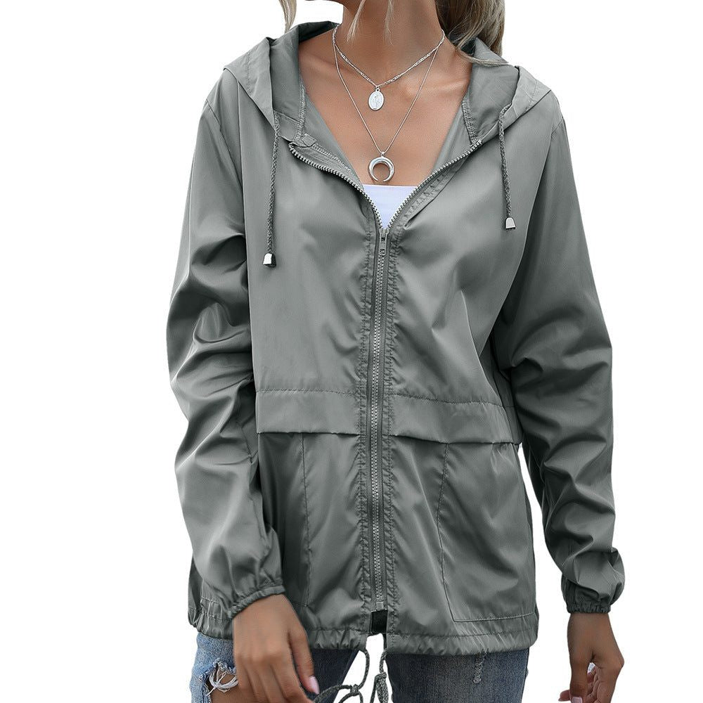 Hooded Rain Jacket with Waist Drawcord - Light Grey