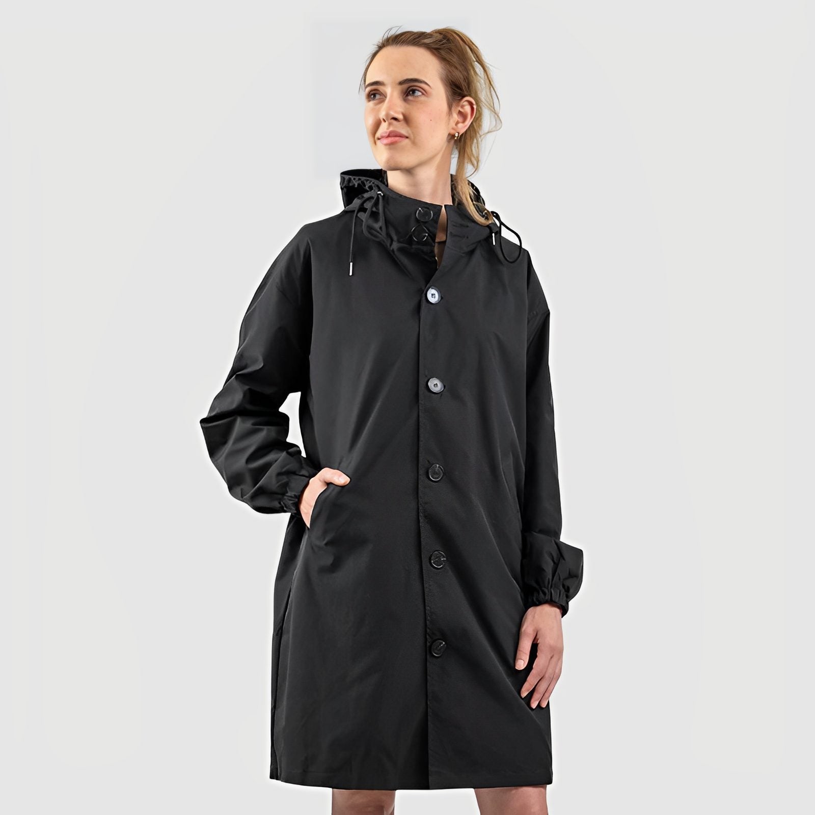 Hooded A-Line Raincoat with Side Pockets - Black