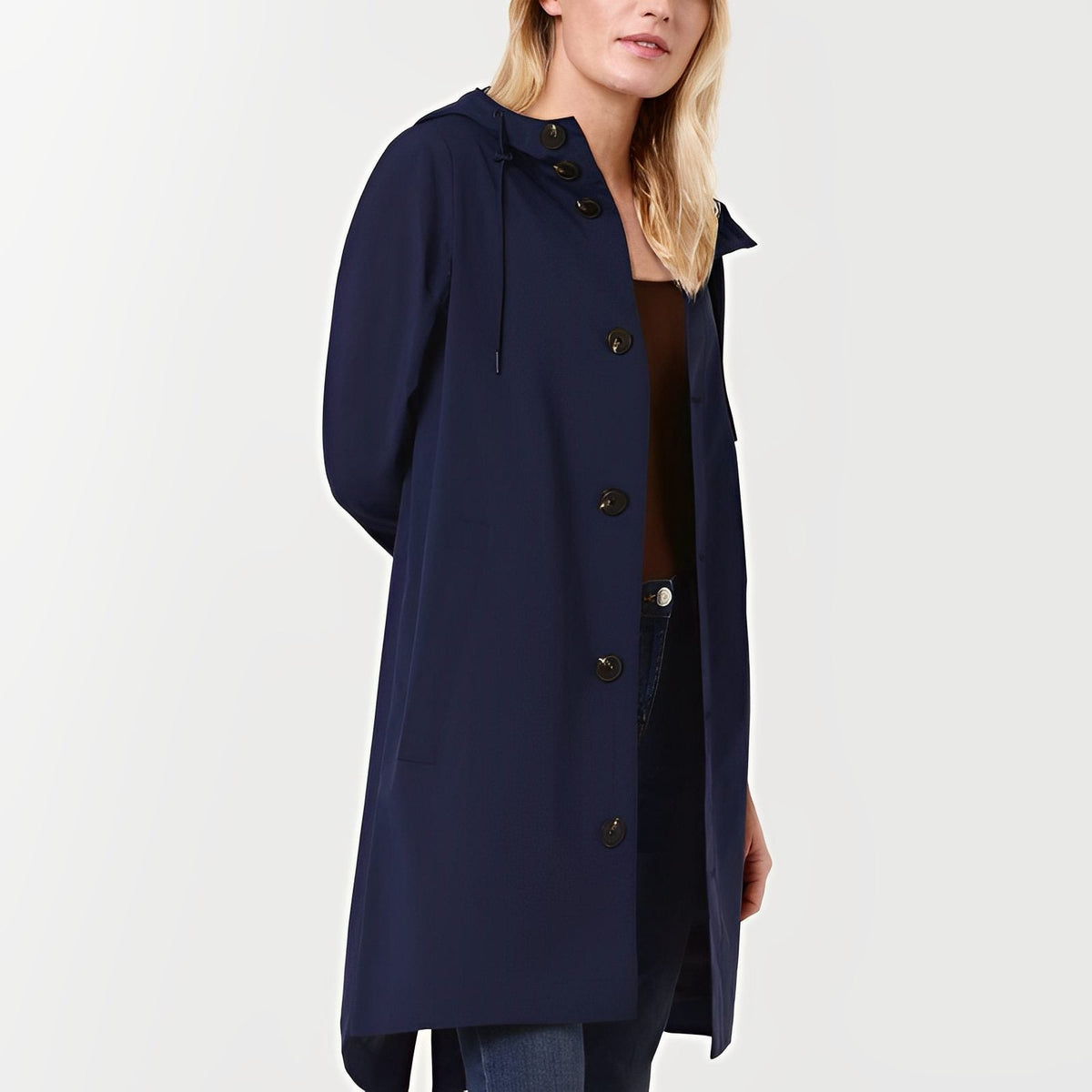 Hooded A-Line Raincoat with Side Pockets - Dark Blue