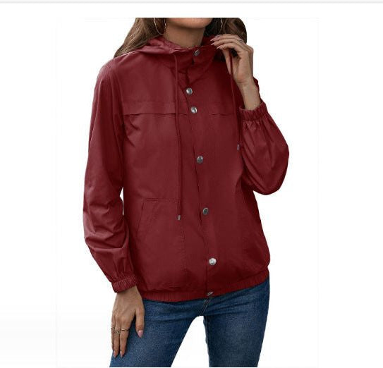 Button-Front Hooded Rain Jacket - Wine Red