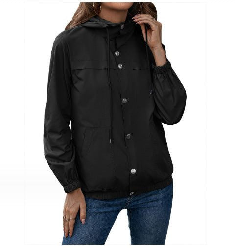 Button-Front Hooded Rain Jacket - Black