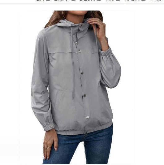 Button-Front Hooded Rain Jacket - Light Grey