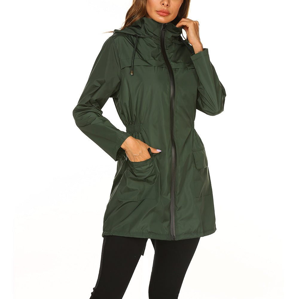 Longline Hooded Rain Jacket with Deep Pockets - Dark Green