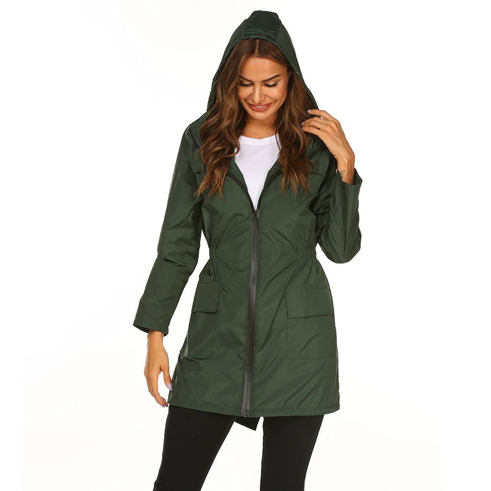 Longline Hooded Rain Jacket with Deep Pockets - Dark Green