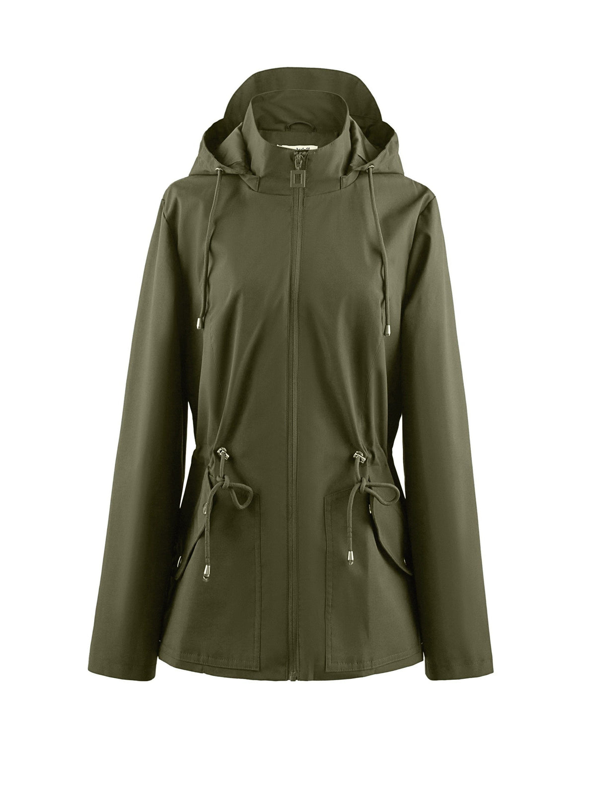 Zip-Up Rain Jacket with Adjustable Waist - Dark Green