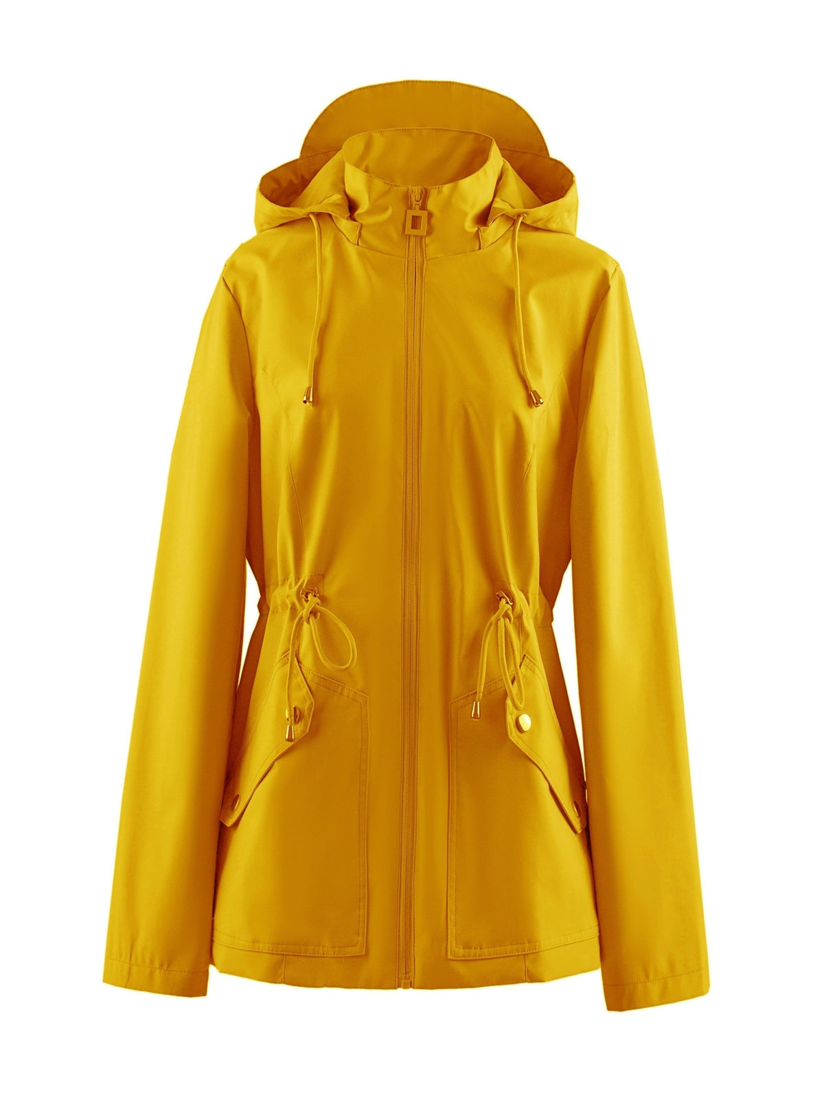 Zip-Up Rain Jacket with Adjustable Waist - Yellow