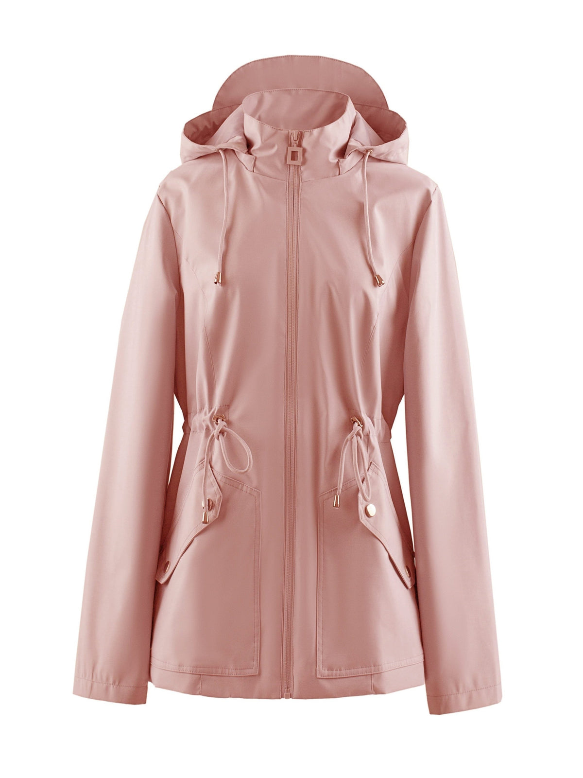 Zip-Up Rain Jacket with Adjustable Waist - Pink