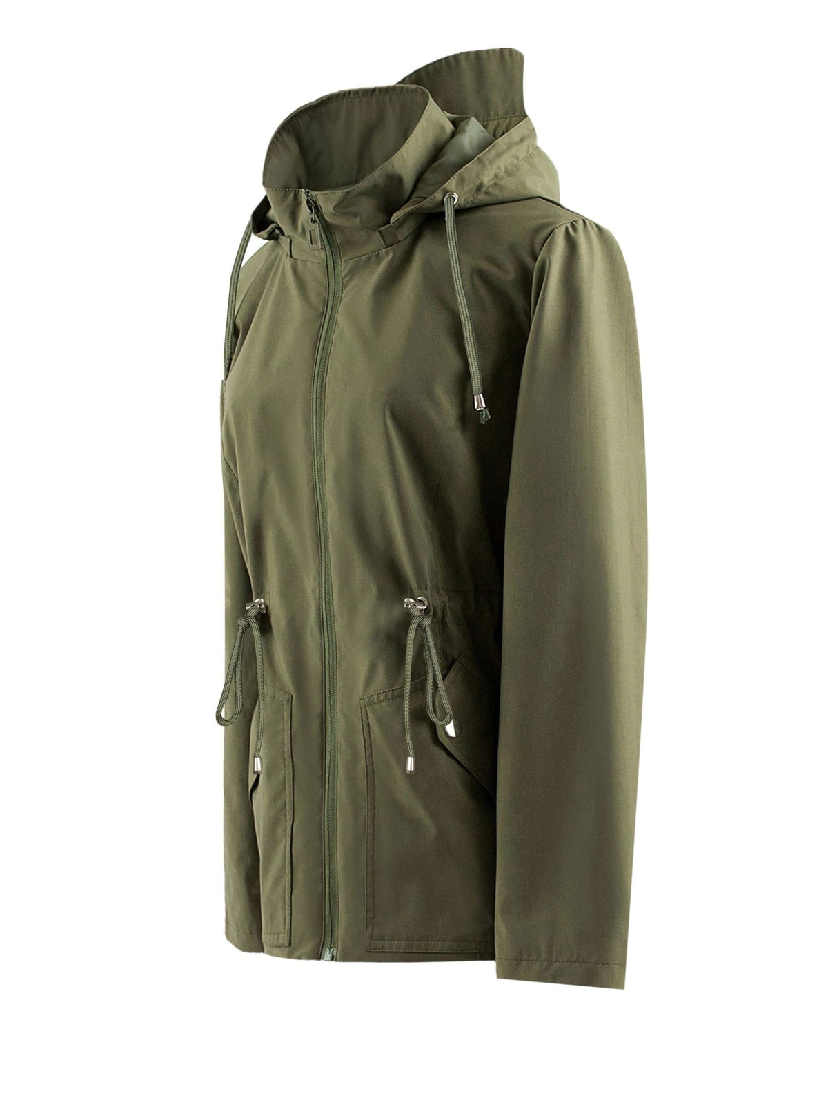 Zip-Up Rain Jacket with Adjustable Waist - Dark Green