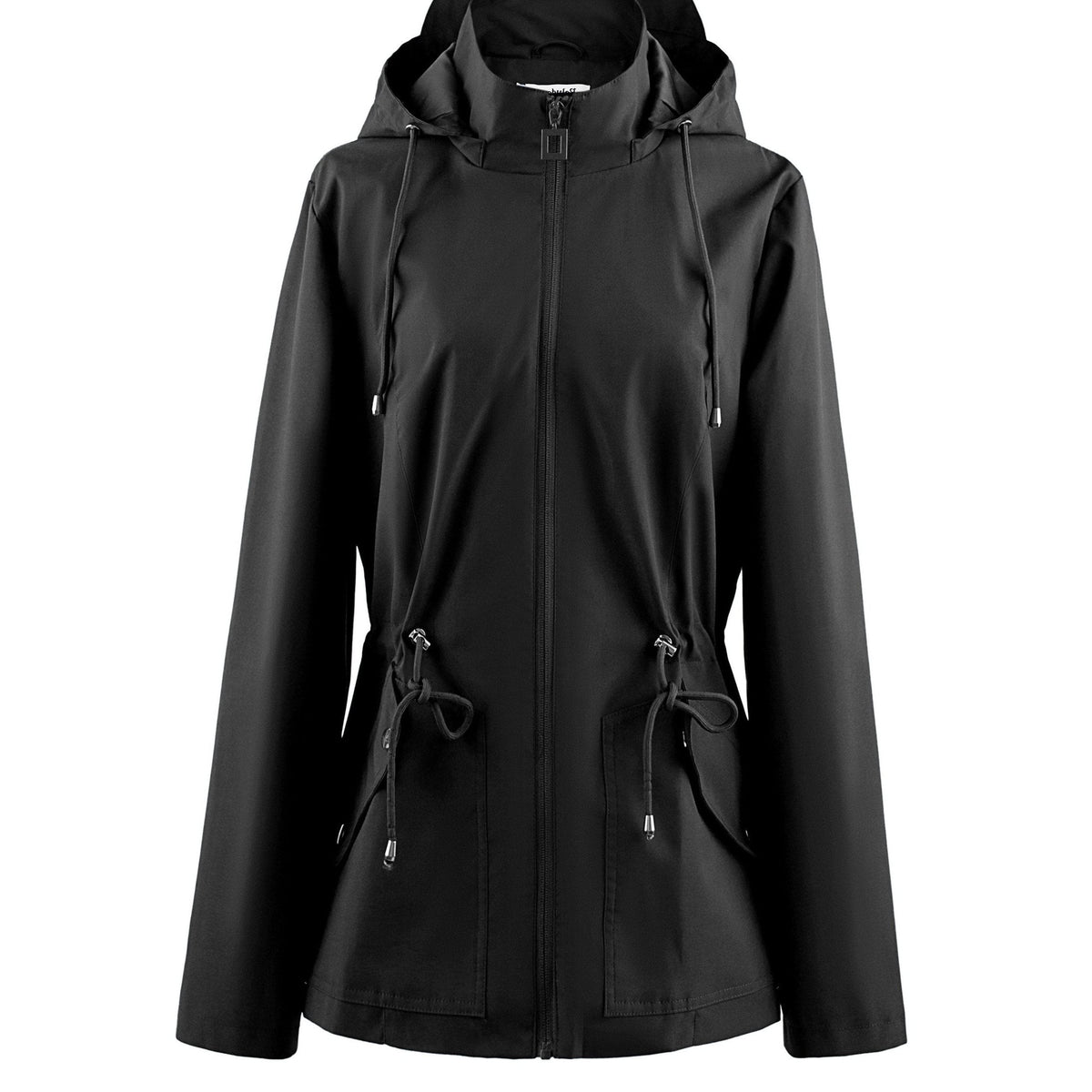 Zip-Up Rain Jacket with Adjustable Waist - Black