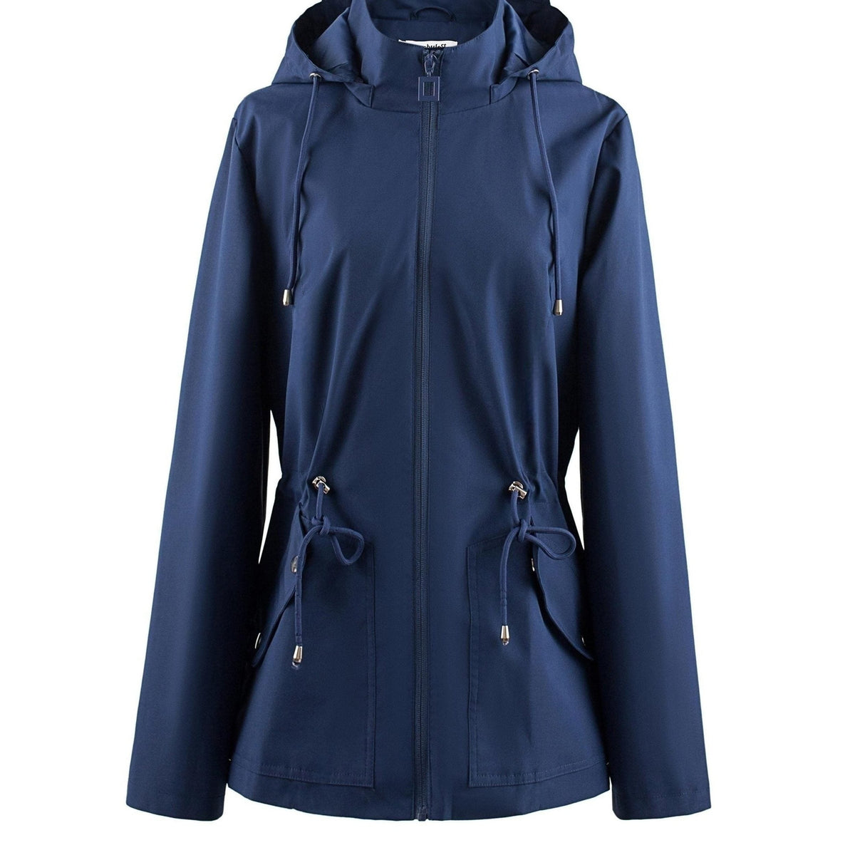 Zip-Up Rain Jacket with Adjustable Waist - Dark Blue