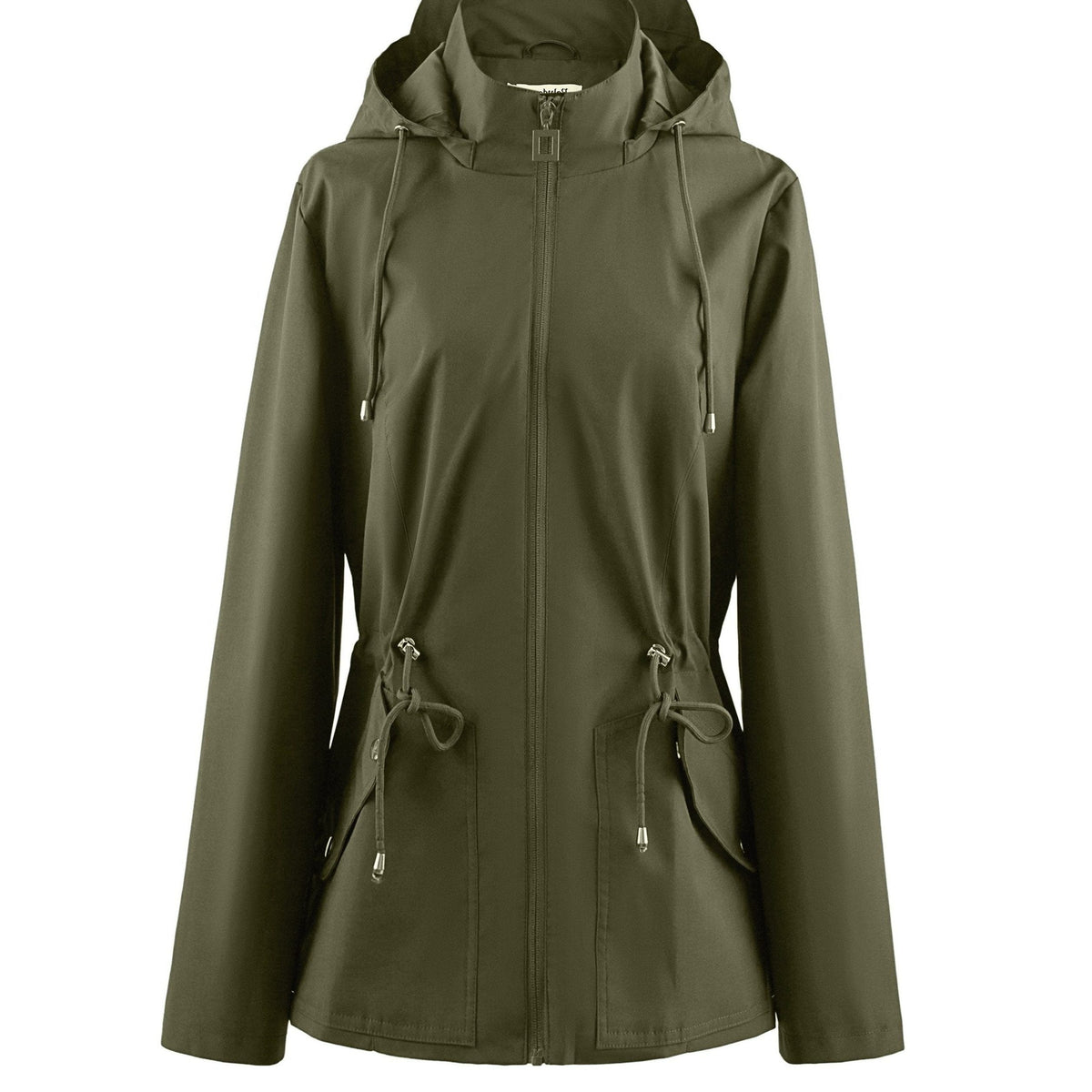 Zip-Up Rain Jacket with Adjustable Waist - Dark Green