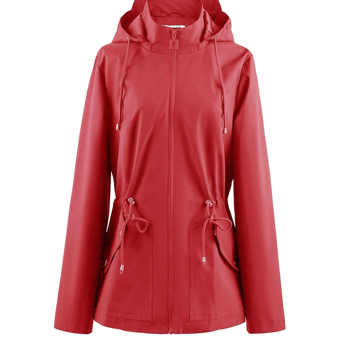 Zip-Up Rain Jacket with Adjustable Waist - Red