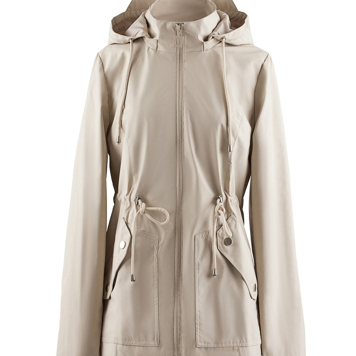 Zip-Up Rain Jacket with Adjustable Waist - Beige