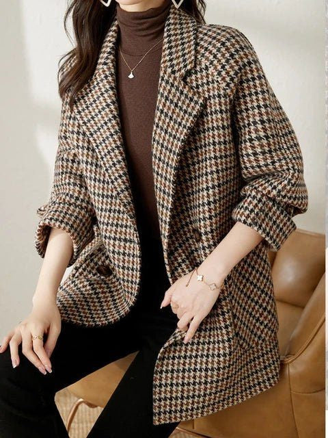 Houndstooth Longline Coat with Wide Lapels - Brown