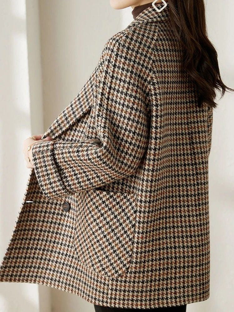 Houndstooth Longline Coat with Wide Lapels - Brown