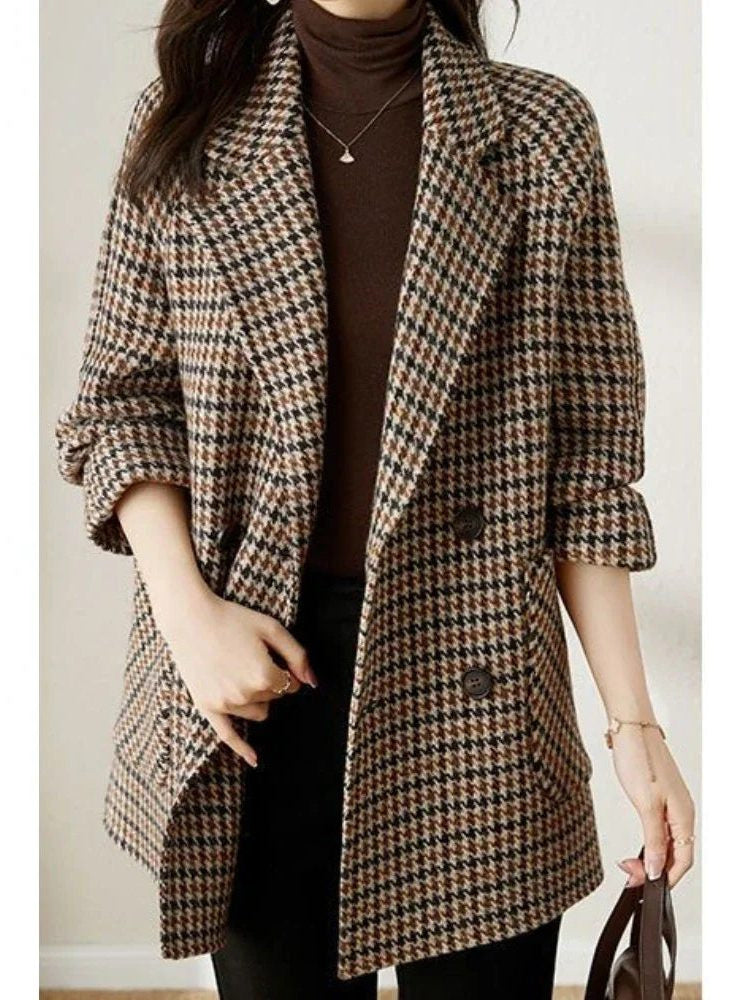 Houndstooth Longline Coat with Wide Lapels - Brown