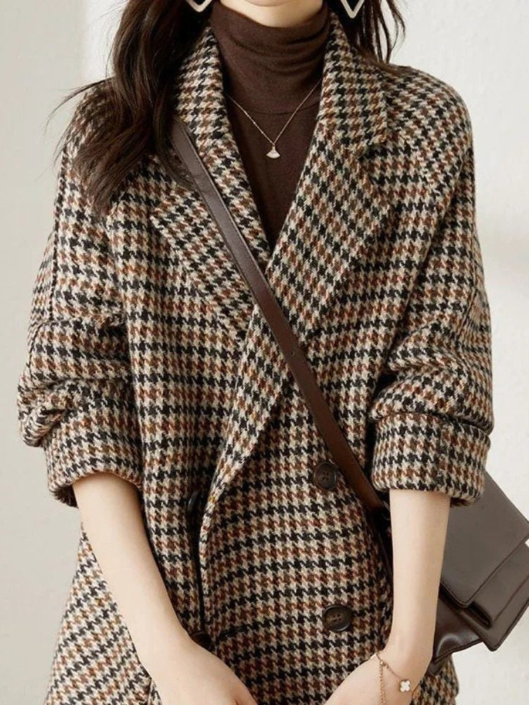 Houndstooth Longline Coat with Wide Lapels - Brown