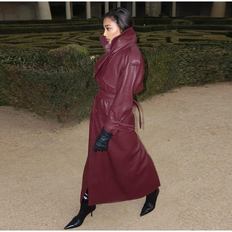 Leather-Look Trench Coat with Stand Collar and Belt - Red