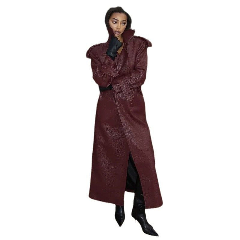 Leather-Look Trench Coat with Stand Collar and Belt - Red