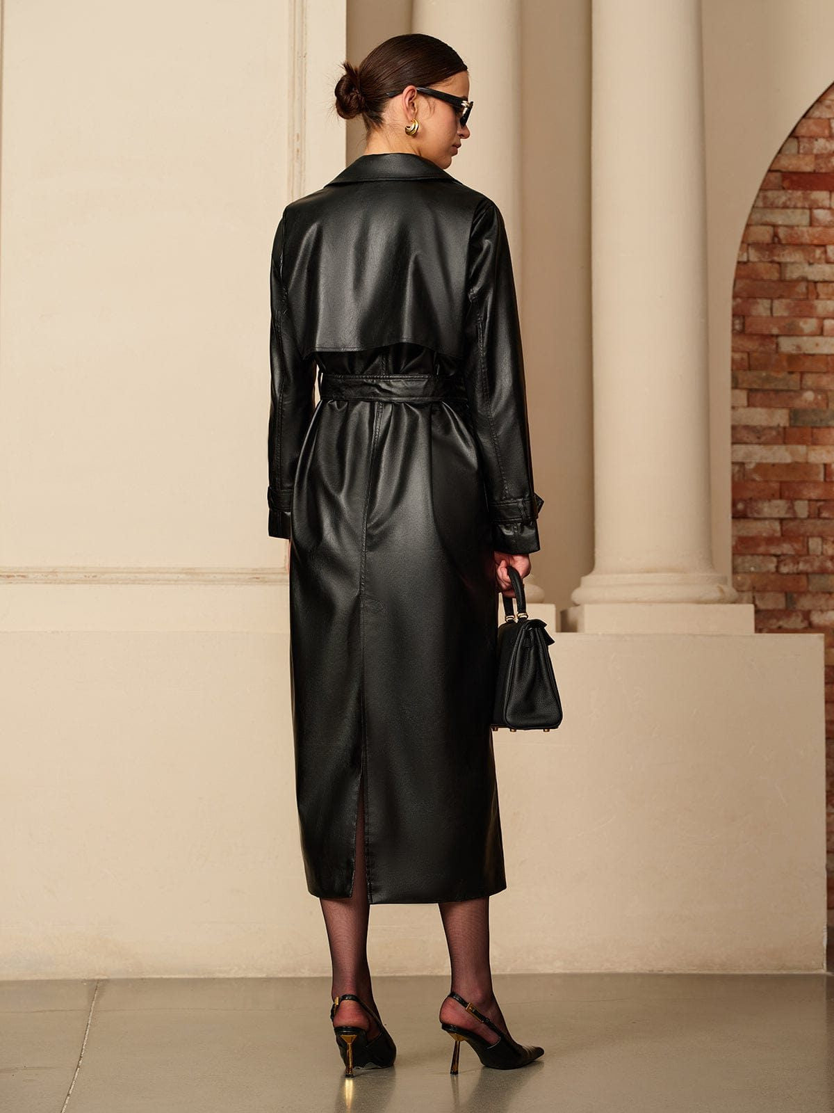 Leather-Look Long Trench Coat with Shoulder Tabs - Black