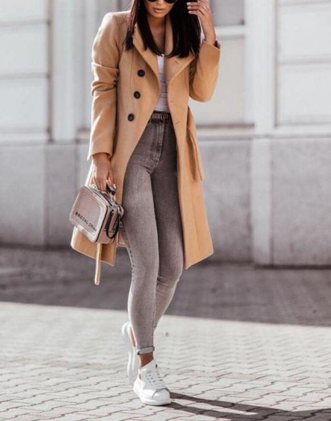 Double-Breasted Longline Tailored Coat - Beige