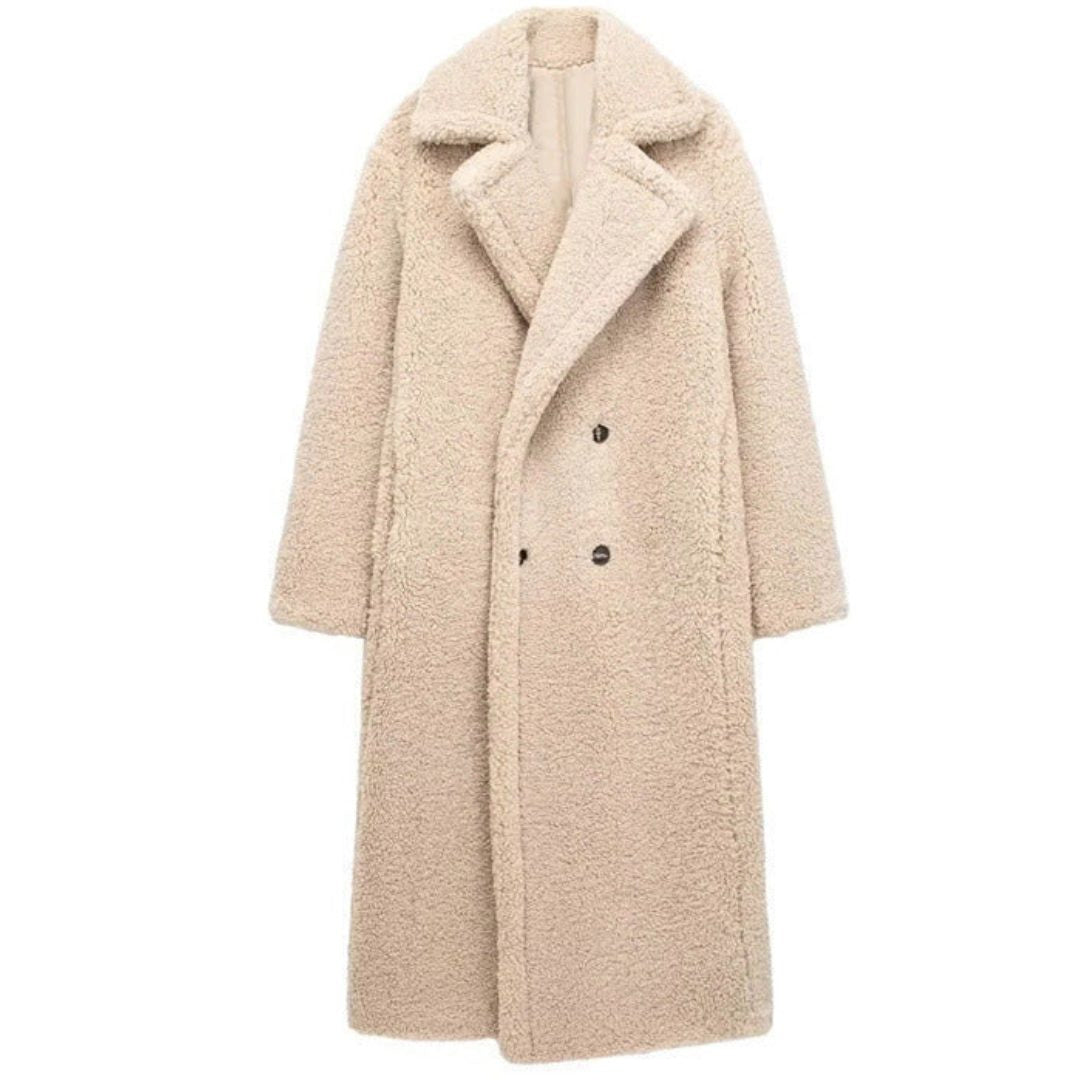 Double-Breasted Long Teddy Coat - Beige