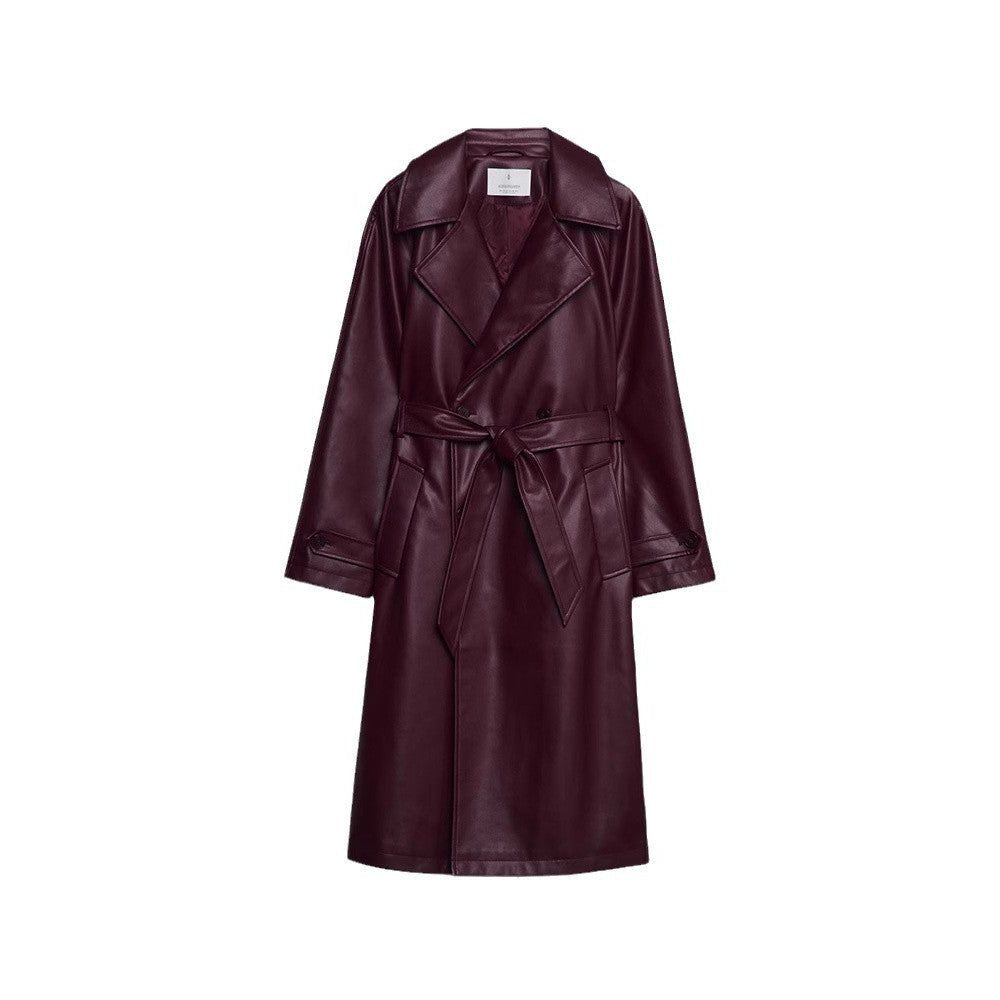 Double-Breasted Leather-Look Trench Coat - Red